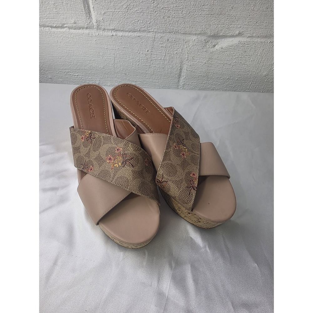 Coach Beige Floral Crossband Wedge Sandals